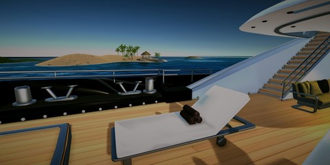 Extremely detailed and realistic high resolution 3D illustration of luxury Super Yacht approachting Tropcial Islands with Palms