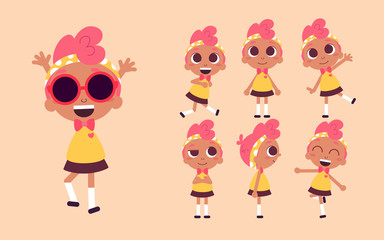 Vector illustration of a cute girl, character design set. Dark skin beauty with pink hair. Cartoon art. 