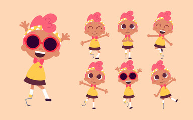 Fototapeta premium Vector illustration of a cute girl, character design set. Dark skin beauty with pink hair. Cartoon art. Alternatively able. Children with special needs. Prosthetic appliance