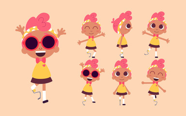 Vector illustration of a cute girl, character design set. Dark skin beauty with pink hair. Cartoon art.  Alternatively able.  Children with special needs.  Prosthetic appliance