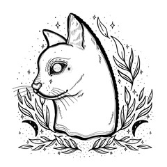 Sketch graphic illustration cat with mystic and occult hand drawn symbols. Vector illustration. Astrological and esoteric concept. Vintage Hands with Old Fashion Tattoos.