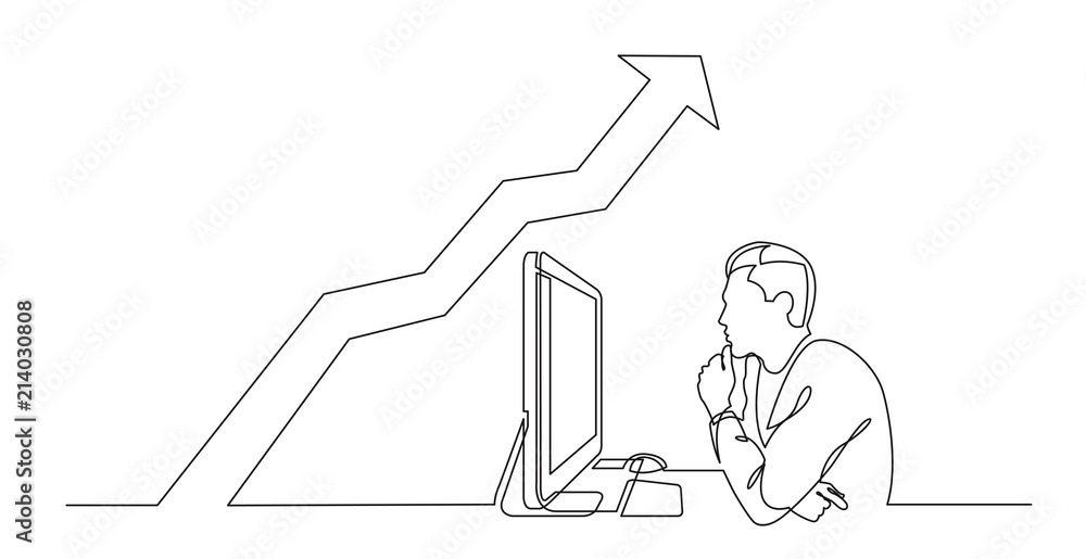 Poster continuous line drawing of office worker concentrated behind computer with increasing graph