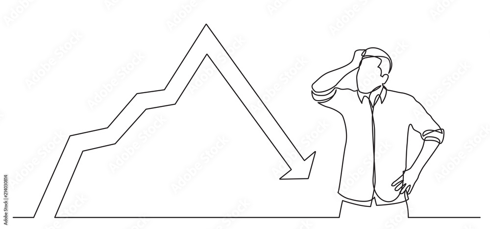 Aufkleber continuous line drawing of standing confused man with decreasing graph