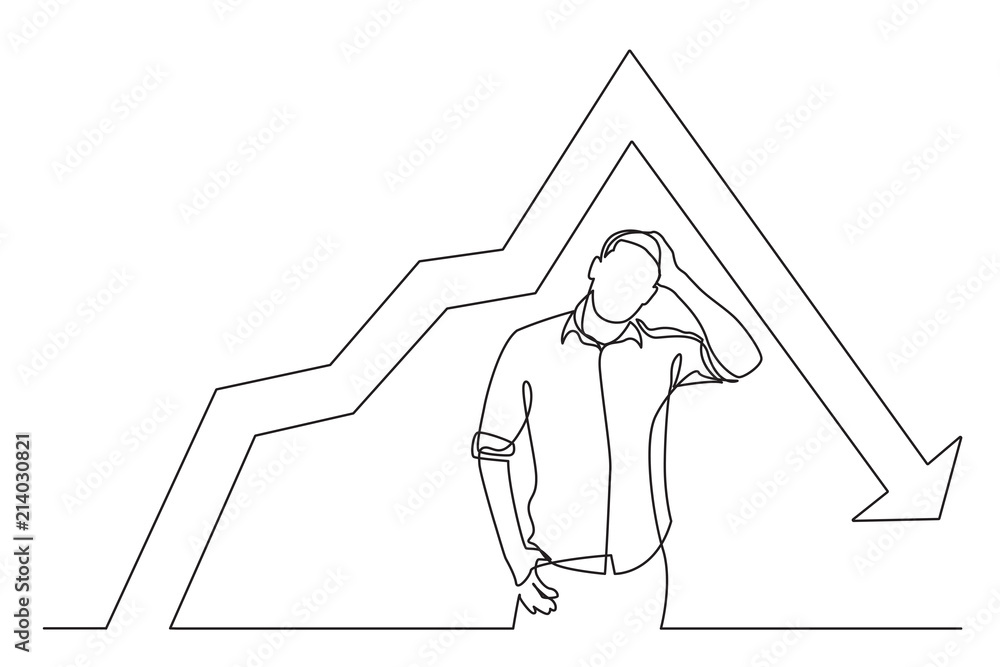 Aufkleber continuous line drawing of standing frustrated man with decreasing graph