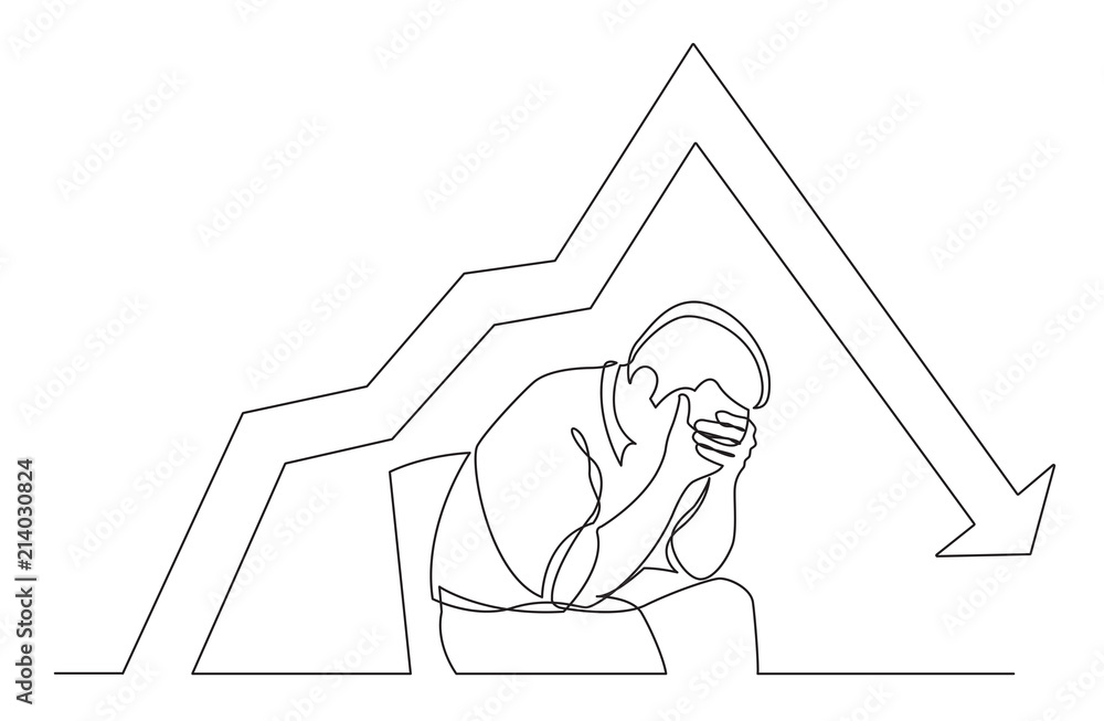 Aufkleber continuous line drawing of depressed man sitting on chair with declining graph