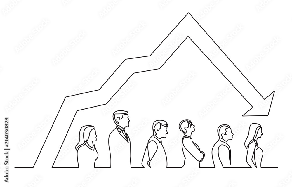 Poster continuous line drawing of people standing in line with decreasing graph
