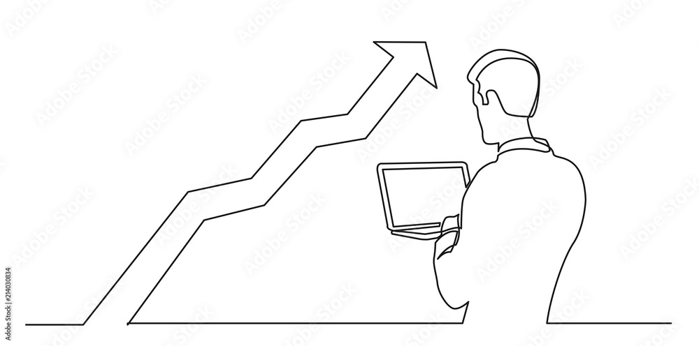 Poster continuous line drawing of man watching laptop computer at increasing graph