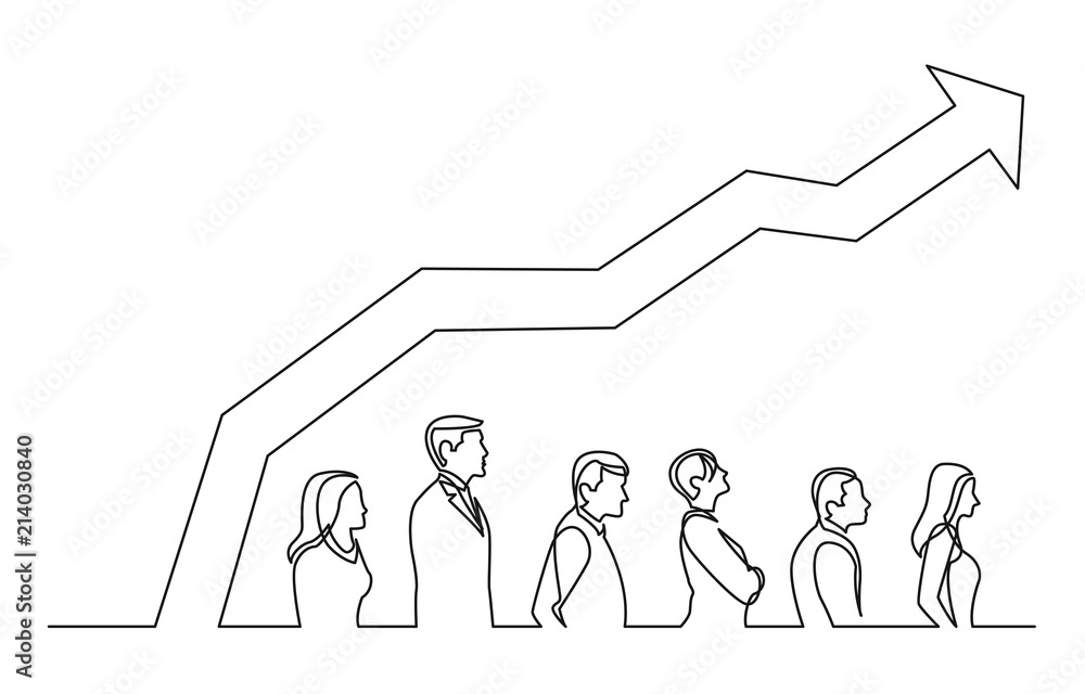 Aufkleber continuous line drawing of people standing in line with increasing graph