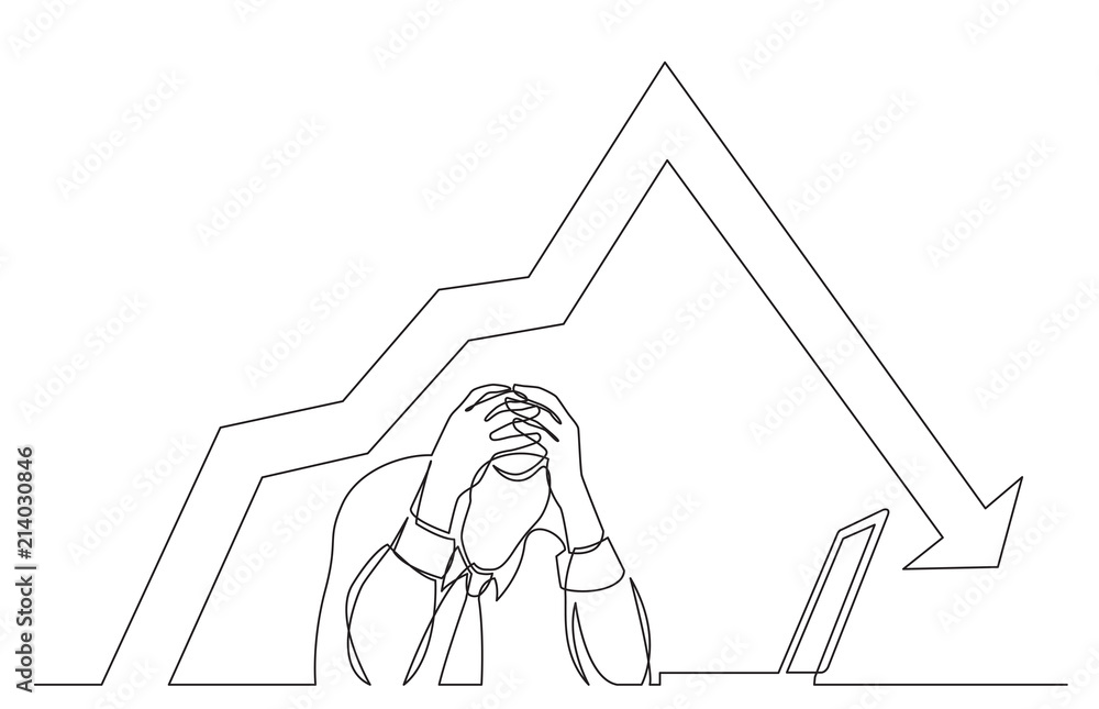 Aufkleber continuous line drawing of depressed man on white background with decreasing graph