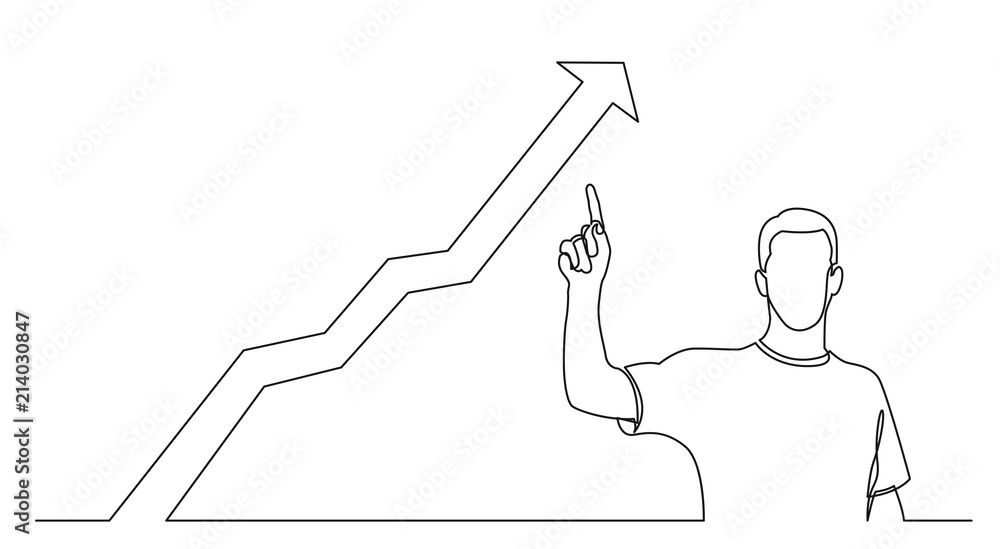 Poster continuous line drawing of standing man pointing finger at growing graph