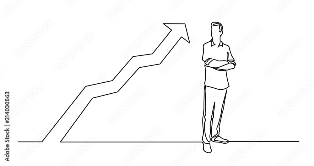 Aufkleber continuous line drawing of standing man with crossed arms with growing graph