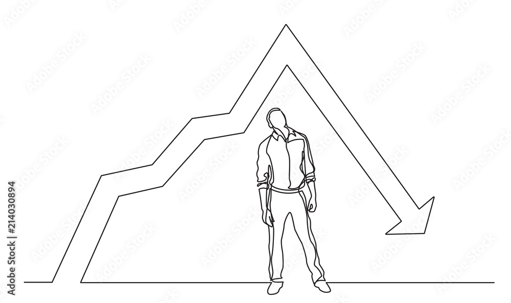 Aufkleber continuous line drawing of thinking man looking above at decreasing graph