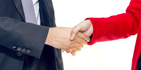 Merger and acquisition.Manager businessman handshake with woman staff on white background.Copy space.