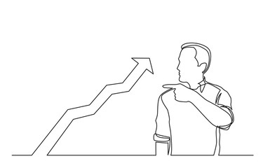 continuous line drawing of man showing with his finger at increasing graph