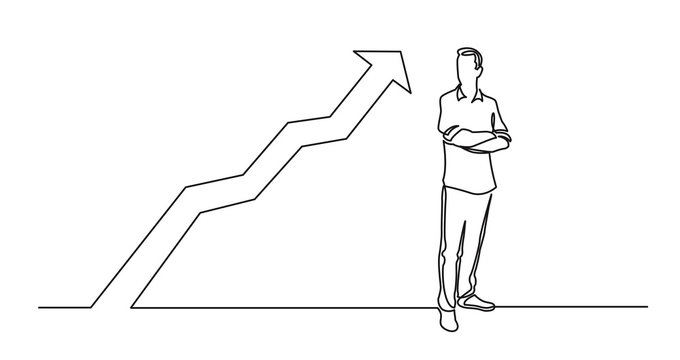 continuous line drawing of standing man with crossed arms with growing graph
