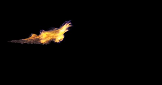 Animated realistic stream of fire like flamethrower shot or fire-breathing dragon's flames. Clip with alpha channel.