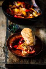 Sausage, Peppers, and Onion  in iron pan