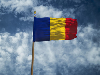 Romania flag Silk waving flag of Romania made transparent fabric with wooden flagpole gold spear on background sunny blue sky white smoke clouds real retro photo Countries of world 3d illustration
