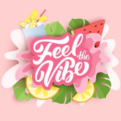 Summer party hand lettering on paper cut background with palm leaves, watermelon and citrus, tropical 3d design. Vector illustration. Holiday typography design.