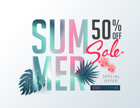 Summer sale background layout banners decorate with paper art tropical leaf vibrant bold gradient holographic .voucher discount.Vector illustration template.