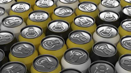 Big black, white and yellow soda cans on white background