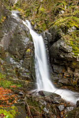 Obraz premium Blurred long exposure photograph at the river below the Boyanski waterfall, the Boyana river near Sofia, Bulgaria in fall, cold autumn day