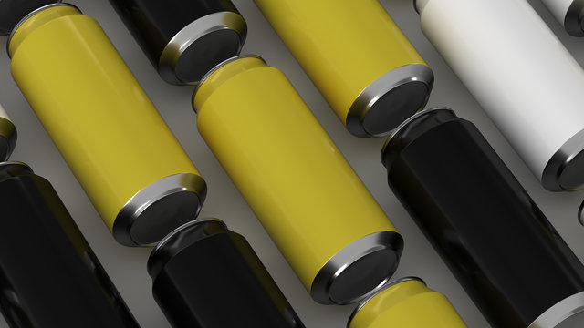 Raws of black, white and yellow soda cans