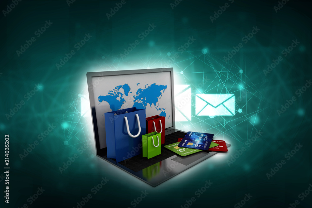Poster 3d rendering e-shopping concept, shopping bag with computer and debit card