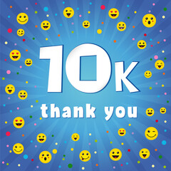 Thank you 10000k followers. Congratulating online thanks, image for net friends, customers 10 000 likes. Isolated sign, graphic elements. Blue colour background, white paper text. 10 % percent off.