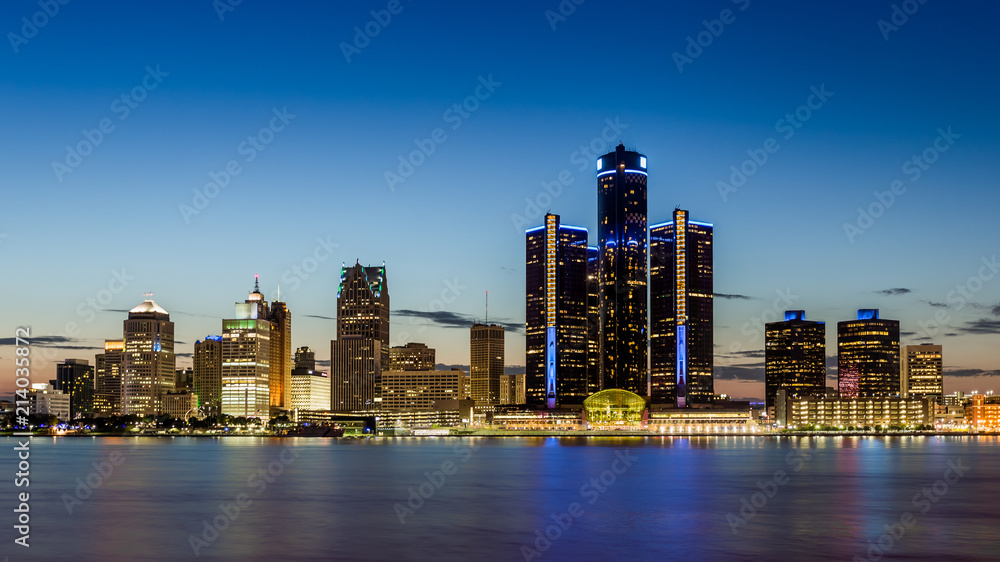 Sticker detroit, michigan skyline at dusk shot from windsor, ontario