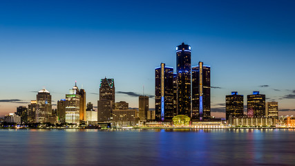 Detroit, Michigan skyline at dusk shot from Windsor, Ontario