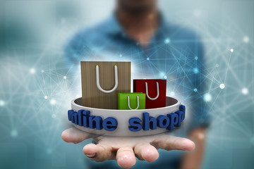 3d rendering e-shopping concept, shopping bag with online shopping