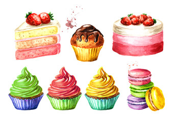 Birthday sweets set. Watercolor hand drawn illustration, isolated on white background