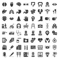 Hospital, health care and pharmaceutical related icon such as organ, certificate, x-ray film, bone fraction, doctor, injection, medicine bottle, presciption, and eye test, solid icon