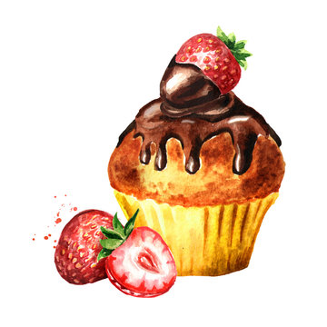 Brownie cake with Strawberry. Watercolor hand drawn illustration, isolated on white background