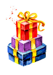 Gift boxes with bow. Watercolor hand drawn illustration, isolated on white background