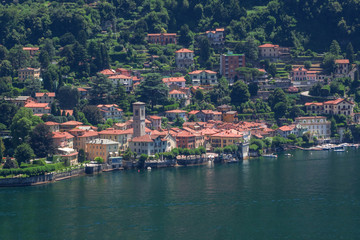 Fototapeta na wymiar aerial shot of Torno, splendid village of Como Lake, Lombardy. Italy