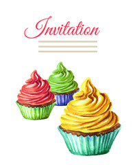 Invitation birthday or wedding card. Cake. Watercolor hand drawn illustration,  isolated on white background