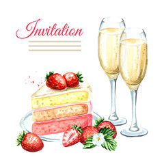 Invitation birthday or wedding card. Strawberry cake with champagne glasses. Watercolor hand drawn illustration, isolated on white background