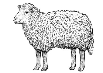 Sheep illustration, drawing, engraving, ink, line art, vector