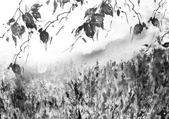 Watercolor country forest landscape. Autumn, summer forest black and white silhouette. Branches of birch, aspen, willow, bushes, wild plants and grass. Art illustration, abstract splash of paint. 