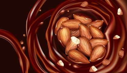 Almond nuts in chocolate. Realistic background with chocolate splashes and nuts. Vector illustration.