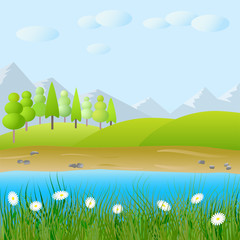 Vector cute flat landscape with mountain, forest,lake and clouds illustration.