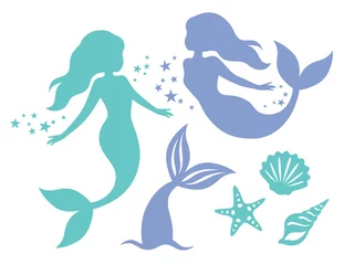 Foto op Plexiglas Silhouette of swimming mermaids, mermaid tail, shells and starfish vector illustration. © JungleOutThere