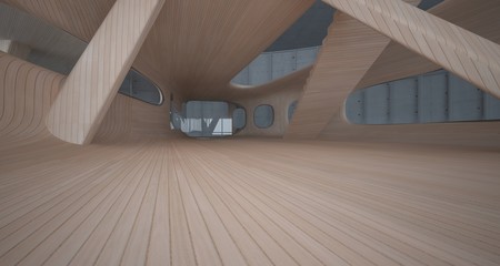 Empty dark abstract concrete and wood smooth interior. Architectural background. 3D illustration and rendering