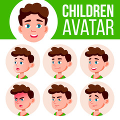 Boy Avatar Set Kid Vector. Primary School. Face Emotions. Flat, Portrait. Youth, Caucasian. Colorful Design. Cartoon Head Illustration