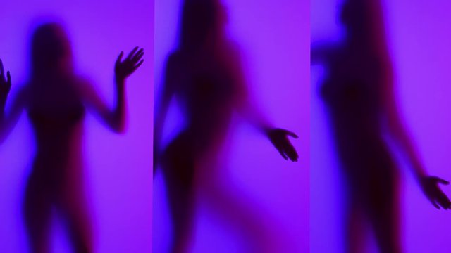 Beauty model girl silhouette. Beautiful sexy young woman with perfect slim body dancing in uv light. Three vertical shots. Slow motion 4K UHD video 3840x2160