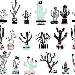 Modèle sans couture avec différents cactus dans des pots de fleurs. Parfait pour le tissu, le textile. Fond de vecteur. Style scandinave
