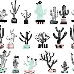 Behang Naadloos patroon met verschillende cactussen in bloempotten. Perfect voor stof, textiel. Vectorachtergrond. Scandinavische stijl © bukhavets