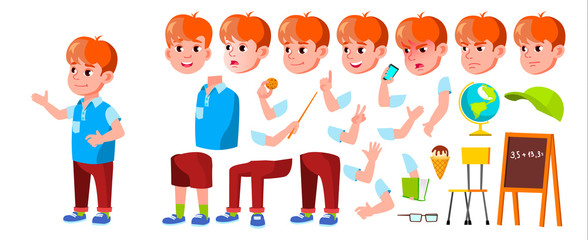 Boy Schoolboy Kid Vector. Primary School Child. Animation Creation Set. Cheerful Pupil. Friends. Emotional. For Presentation, Print, Invitation Design. Face Emotions. Animated. Cartoon Illustration
